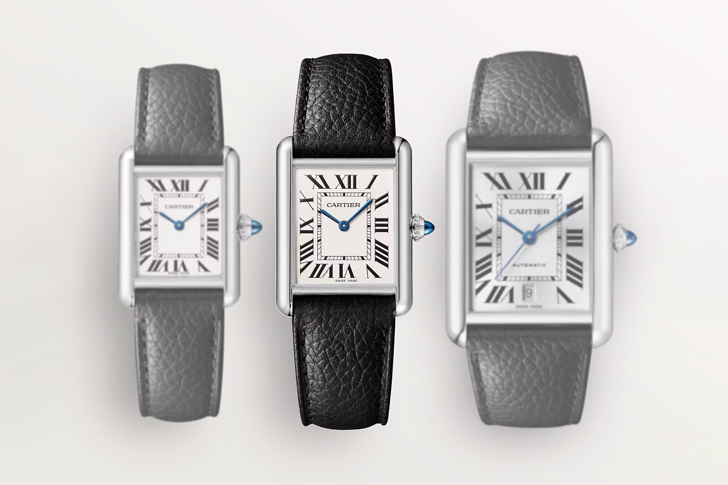 The Cartier Tank Must watch, seen in three sizes: small, large and extra-large
