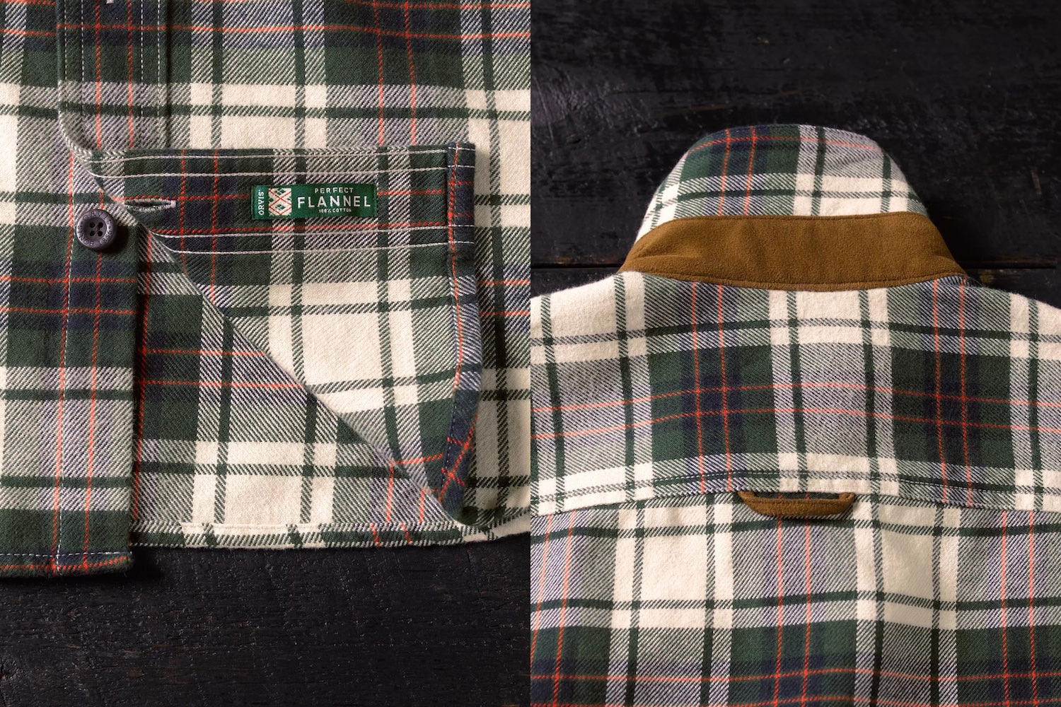 Details on the tags, buttons and faux suede neckband on the Orvis Perfect Flannel Shirt