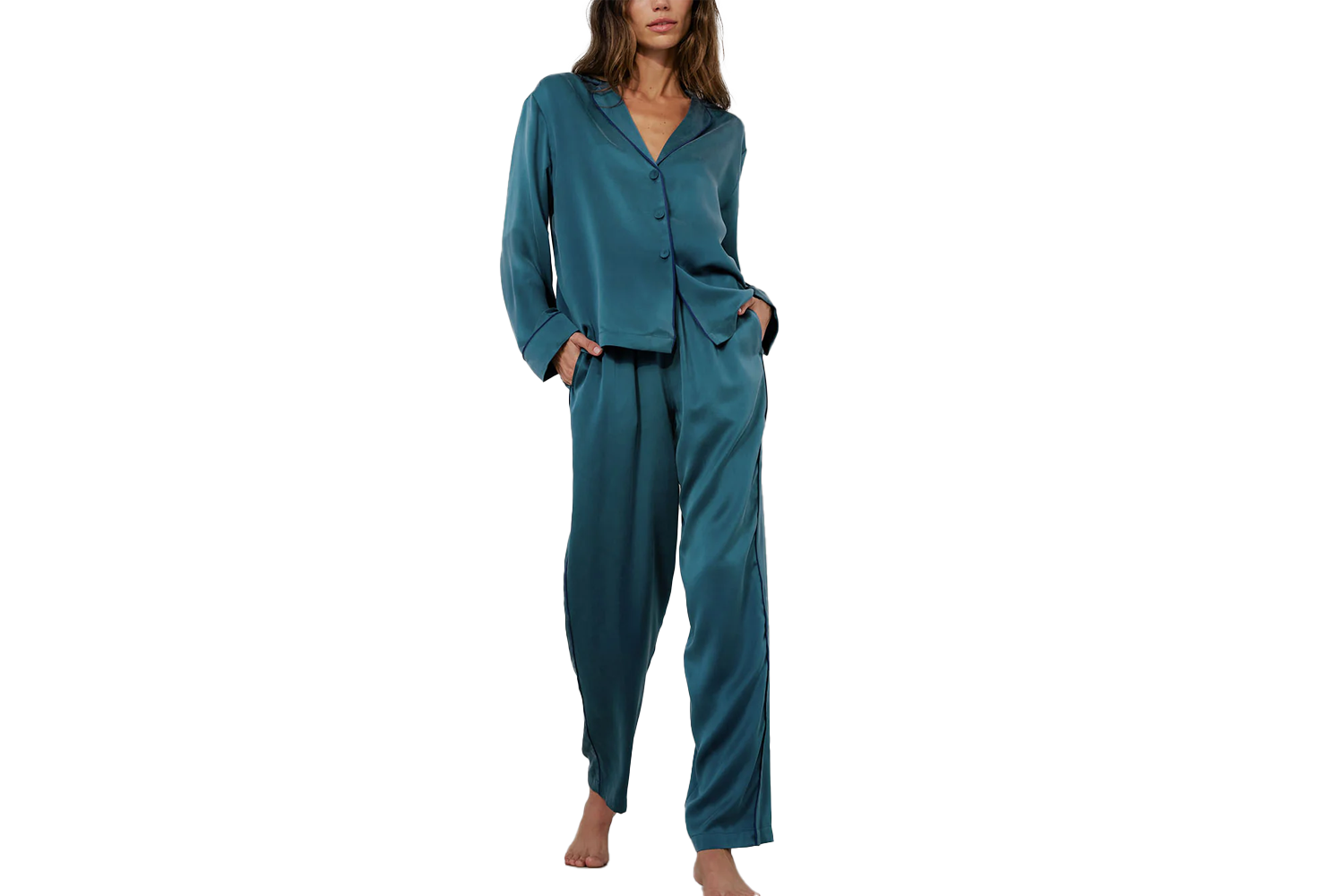 Lunya Washable Silk Piped Long Sleeve Pant Set
