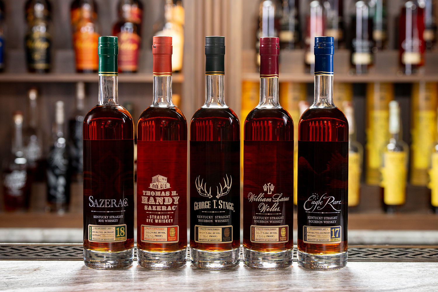 All five whiskeys from the Buffalo Trace Antique Collection 2024, which we tasted and ranked