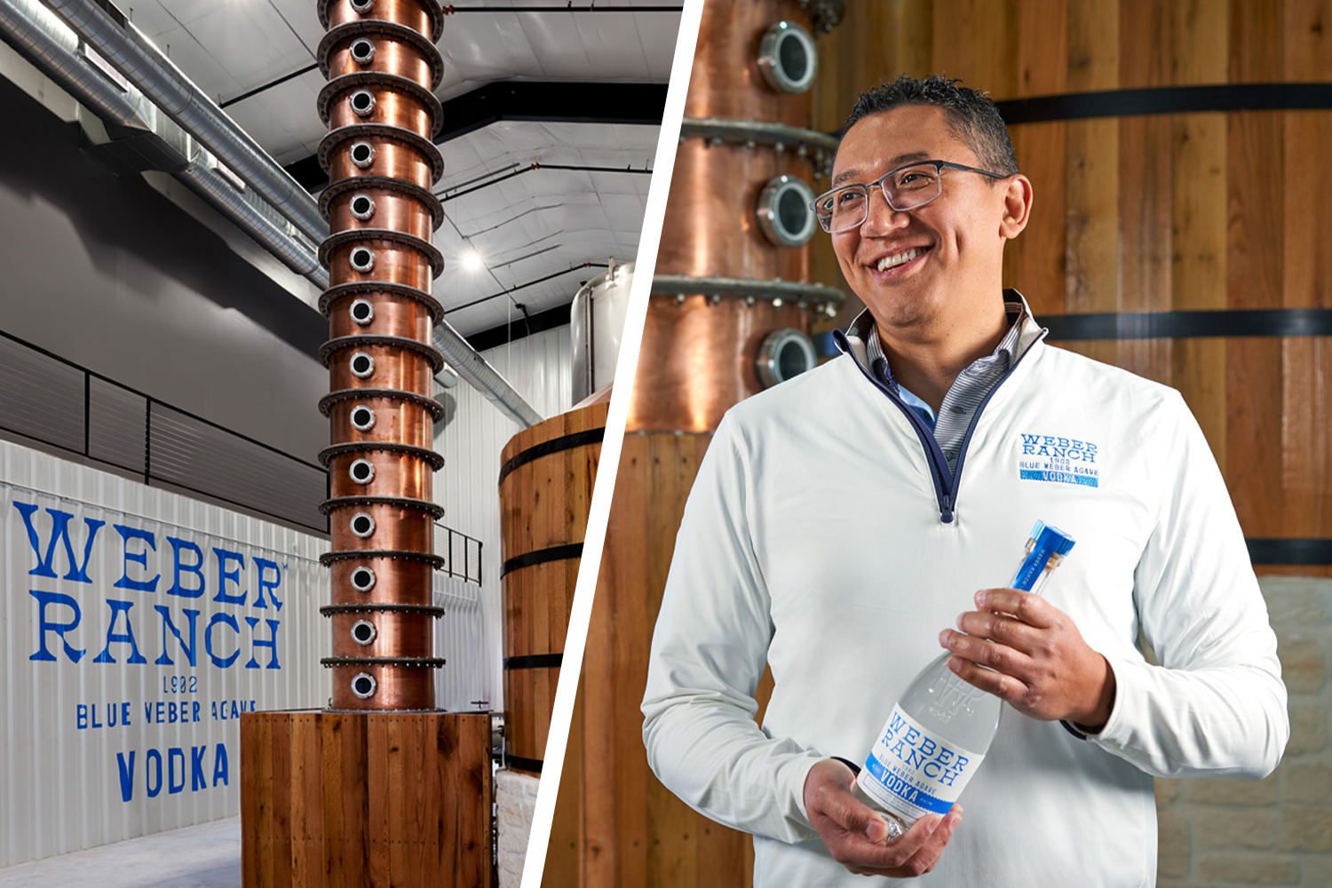 The stills at Weber Ranch; a photo of Master Distiller Antonio Rodriguez