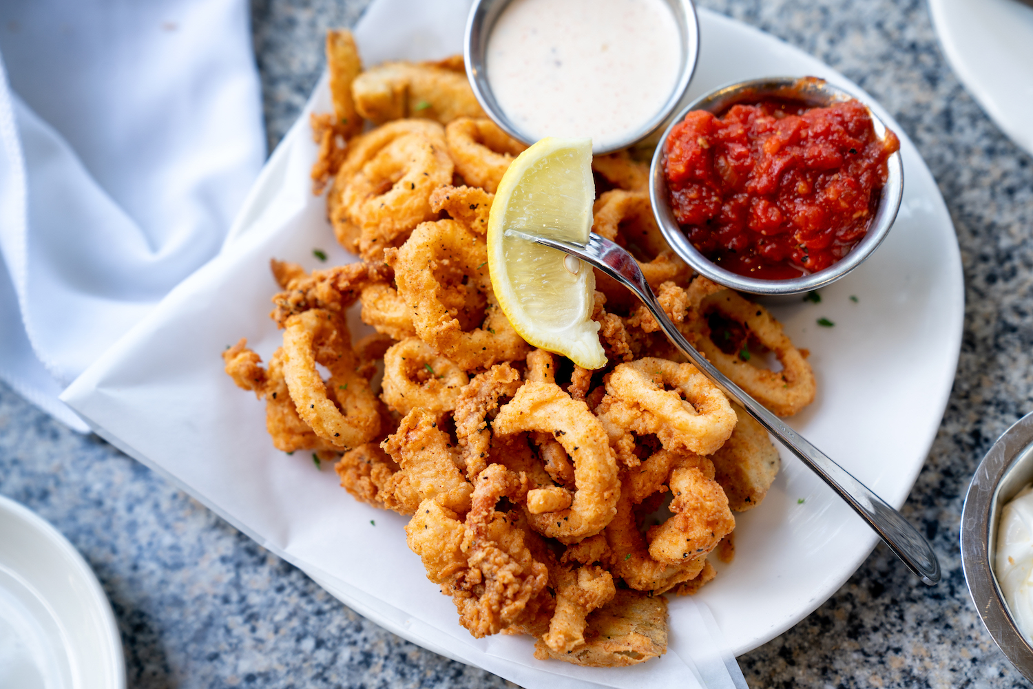 Plate Of Deep Fried Calamari, Squid Fried To Perfection, Cajun Style Served With A Side Of Freshly Made Garlic Aioli Sauce And Cocktail Sauce, Fresh Lemon Wedges On The Side