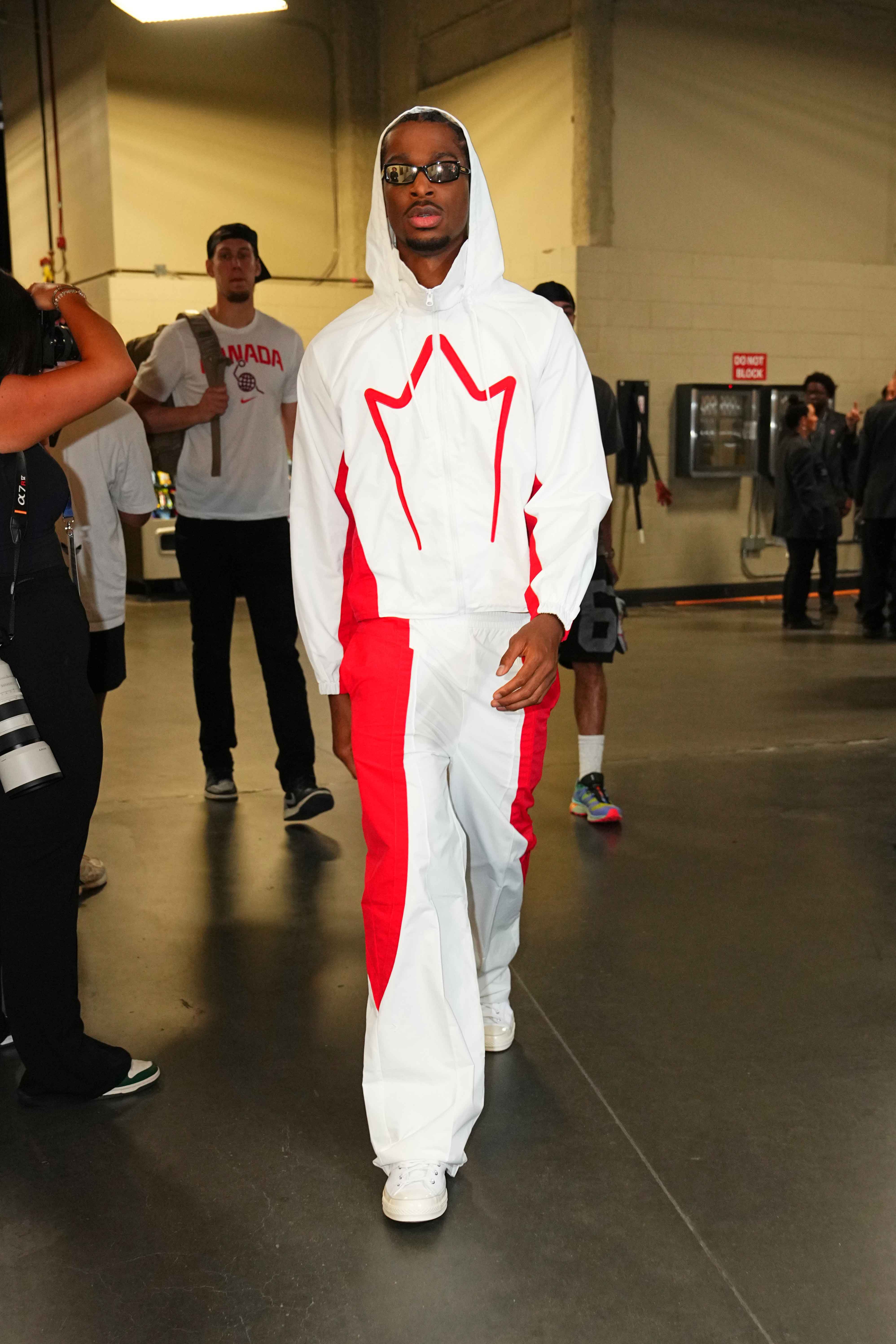 LAS VEGAS, NV - JULY 10: Shai Gilgeous-Alexander #2 of the Canada Men's Basketball Team arrives to the arena before the game against the USA Basketball Men's Team on July 10, 2024 at the T-Mobile Arena in Las Vegas, Nevada. Copyright 2024 NBAE (Photo by Jeff Bottari/NBAE via Getty Images)