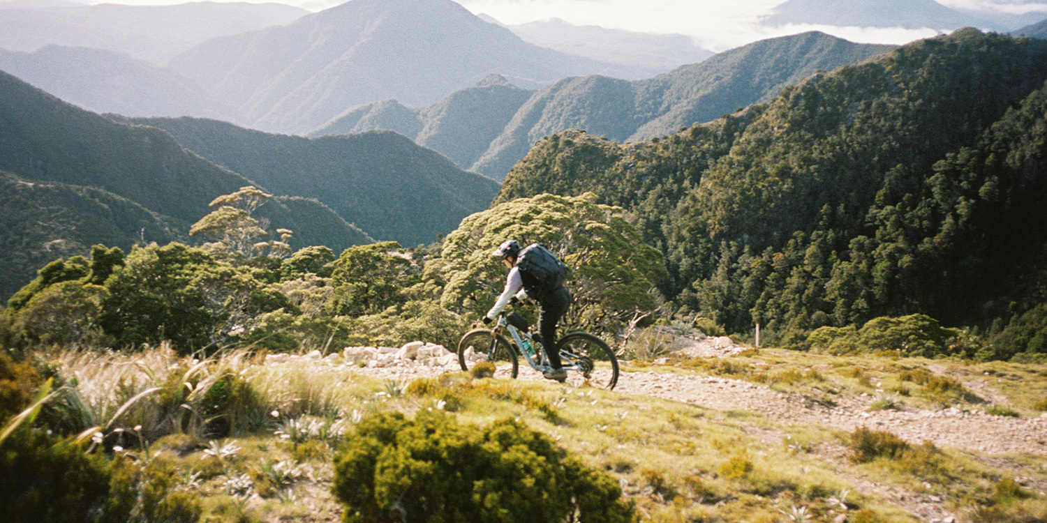 A cyclist on New Zealand's Old Ghost Road.