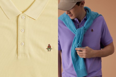 A yellow and purple polo shirt from Paul Stuart. The menswear retailer is currently offering a polo promo, plus deals on dress shoes.