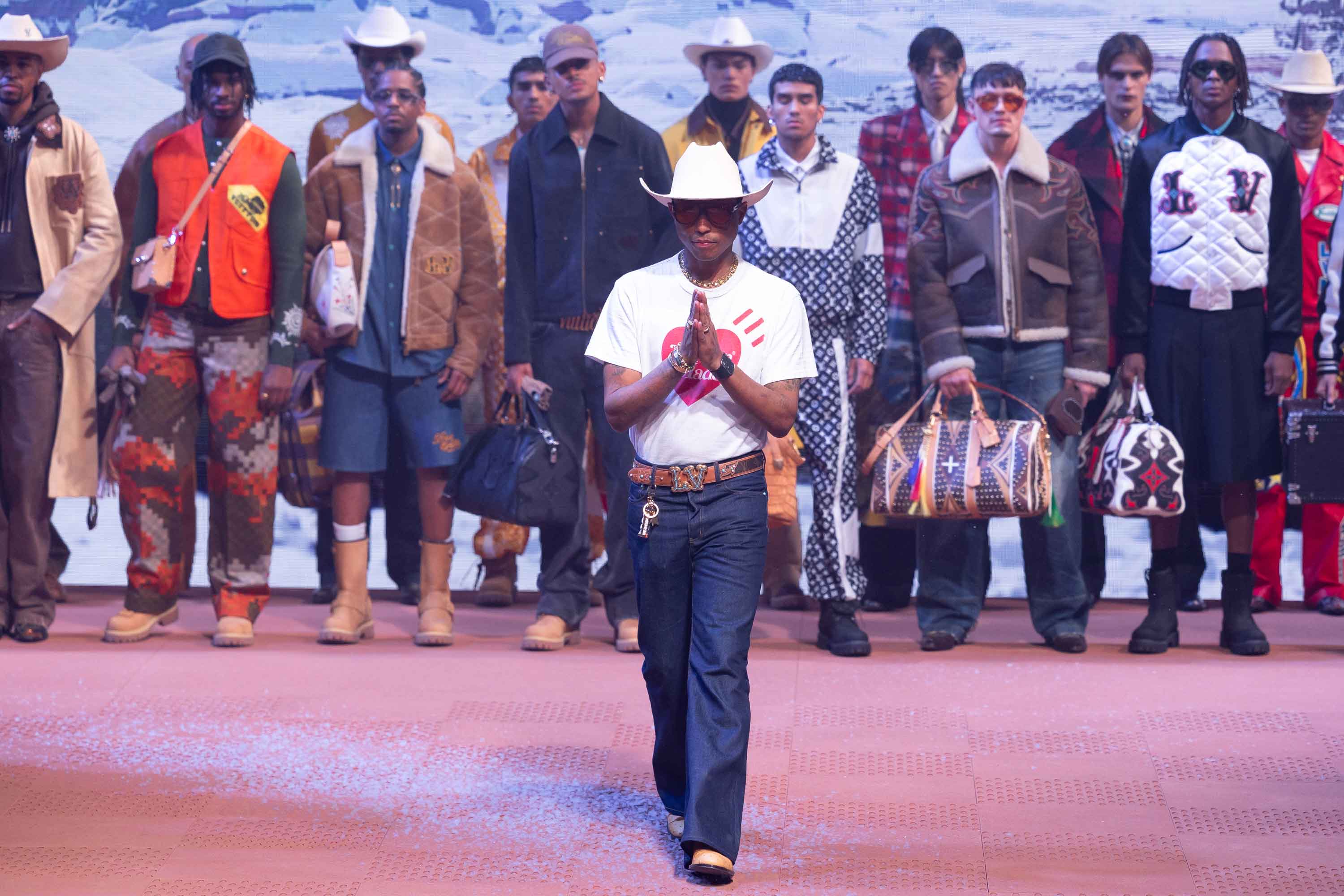 Designer Pharrell Williams walks the runway during the Louis Vuitton Menswear Fall/Winter 2024-2025 show as part of Paris Fashion Week on January 16, 2024 in Paris, France. (Photo by Marc Piasecki/WireImage)
