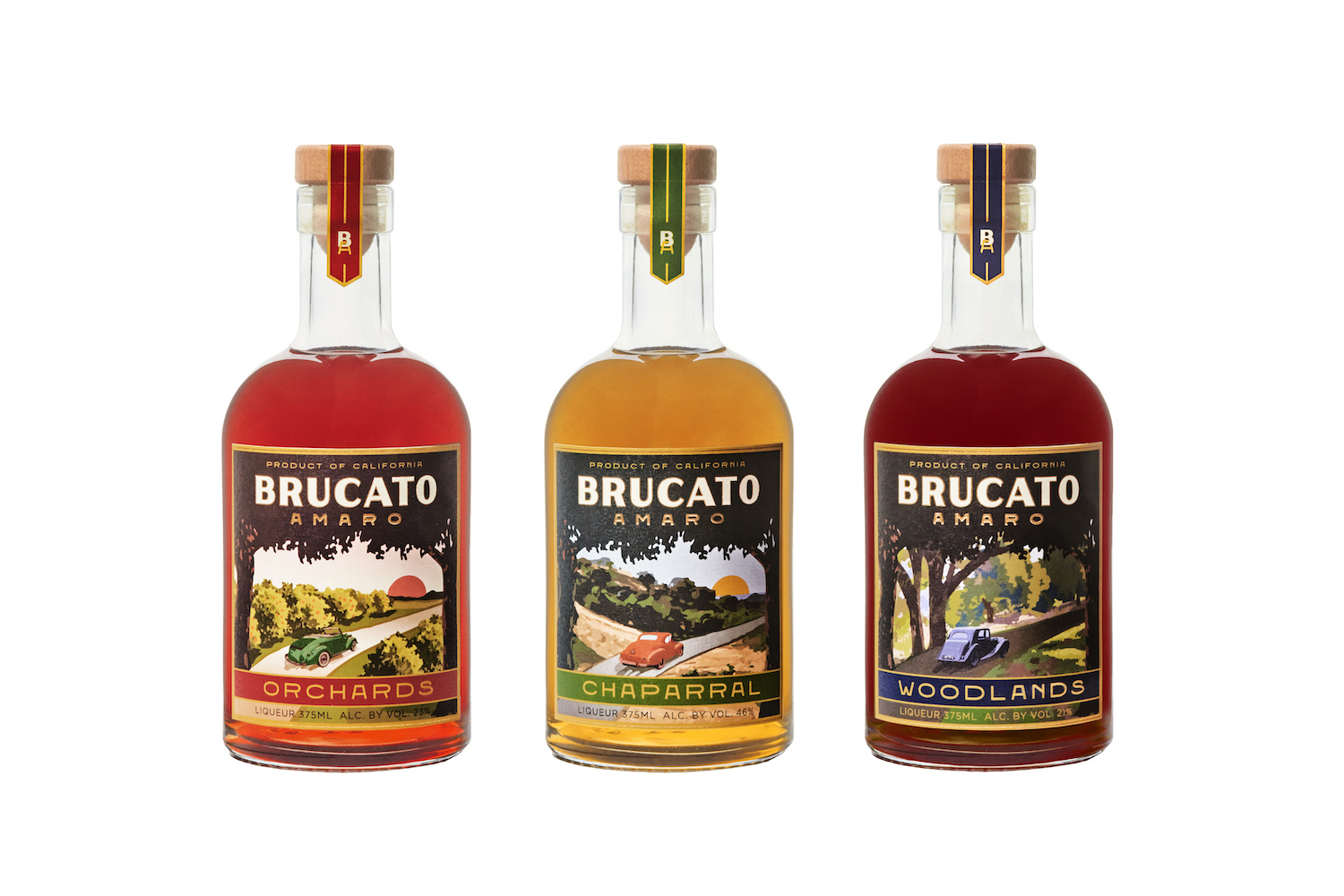 3 brucato amaro bottles on a white background