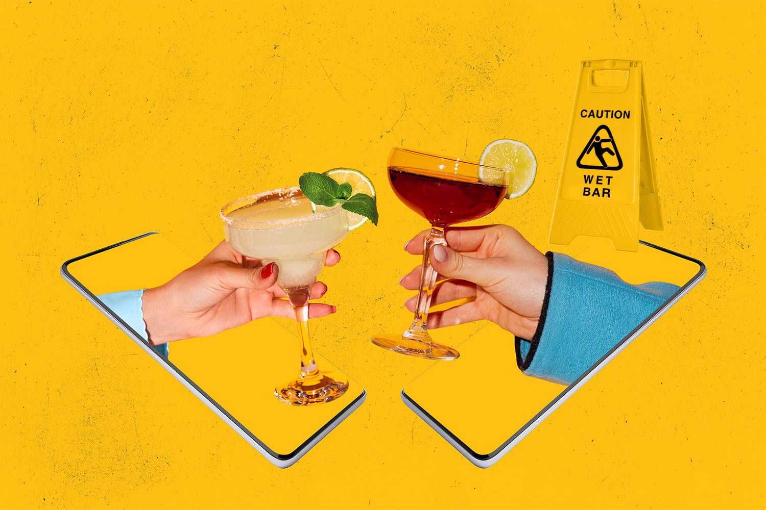 A photo illustration of two phones with drinks coming out of them with a "yield: wet bar" sign in the background