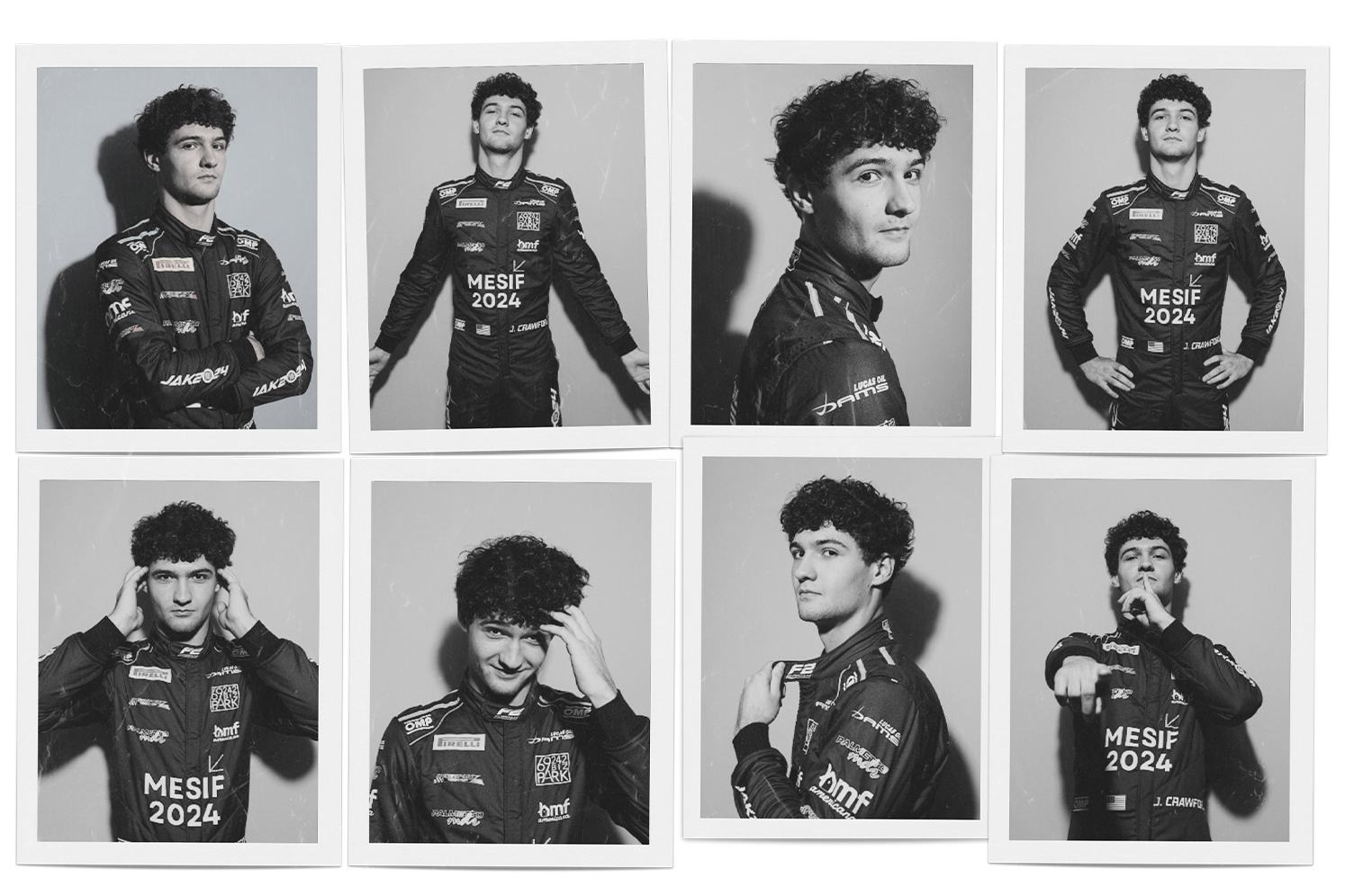 A series of black and white photos of Formula 1 hopeful Jak Crawford
