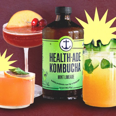 three cocktails next to a bottle of health-ade kombucha on a burgundy background