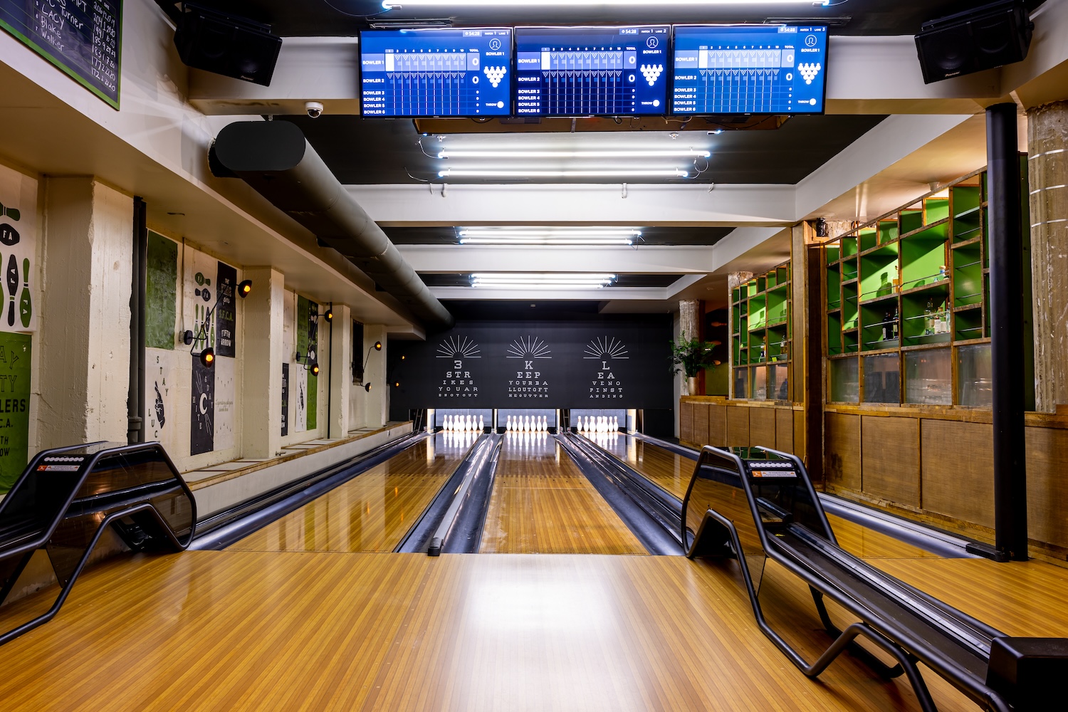 The bowling lanes at Fifth Arrow, a bowling alley underneath August Hall in San Francisco