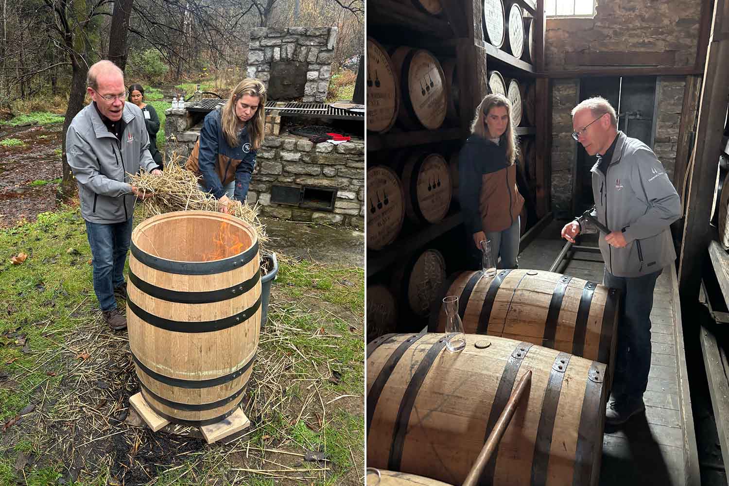 Woodford Reserve's Chris Morris and Elizabeth McCall, conducting a toasted barrel demonstration and picking out a few unique pours