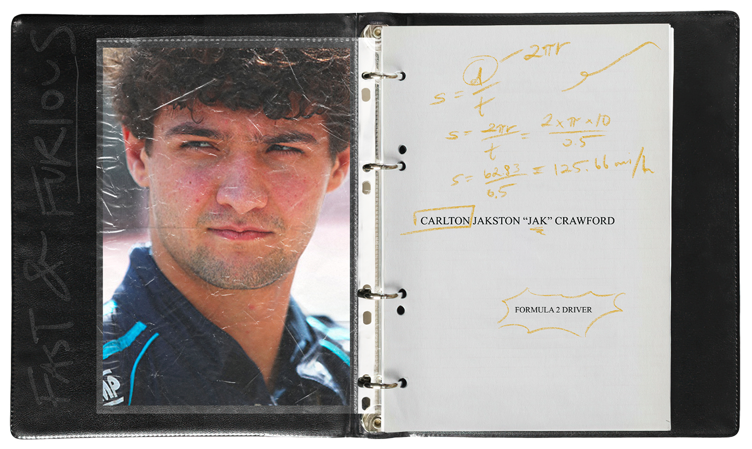 A binder with a photo of Jak Crawford, the F2 driver and F1 hopeful, with his full name "Carlton Jakston Crawford" listed