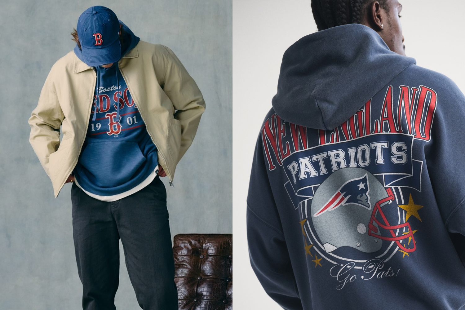 Two models wearing sports gear from '47 Brand and Abercrombie