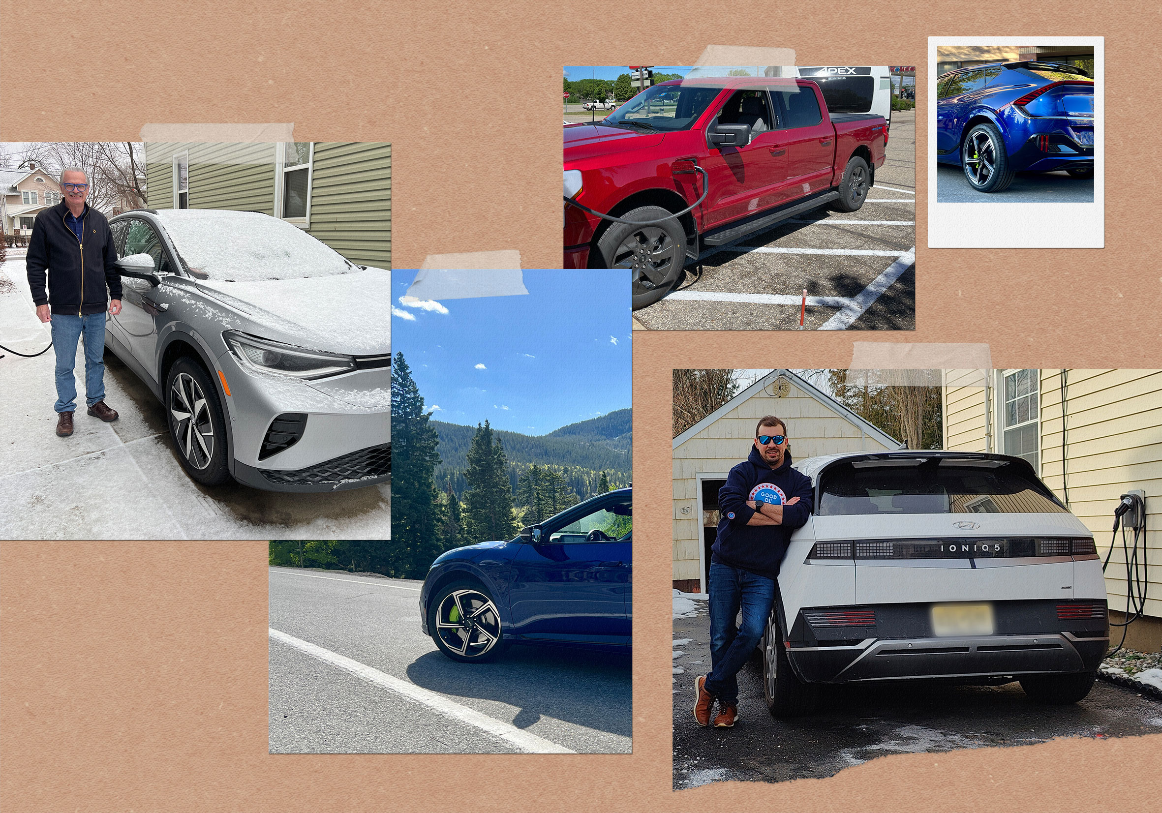 A collage of images of electric vehicles from Americans who we interviewed about their EV experience