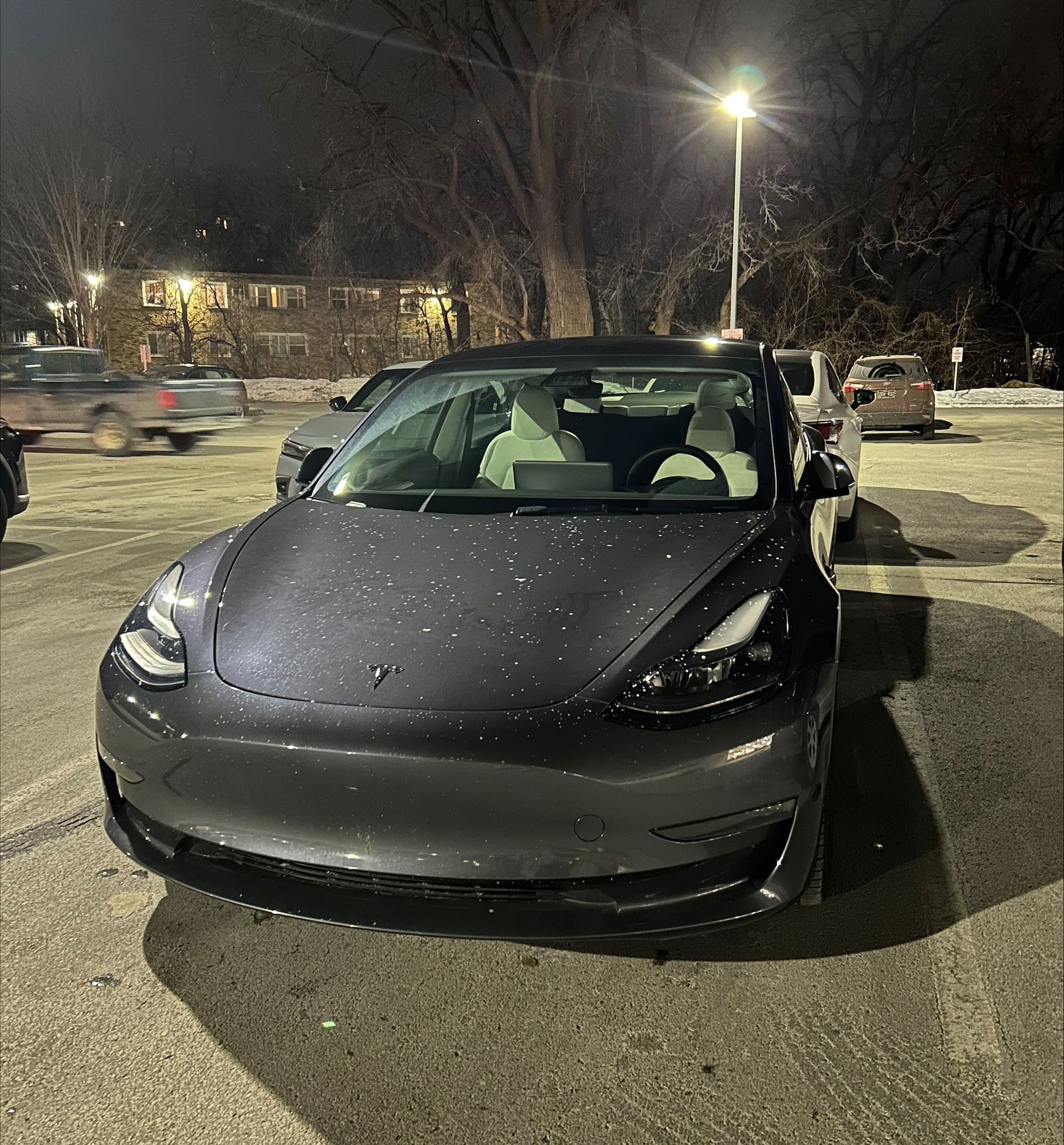 A Tesla Model 3 in a parking lot in Minnesota