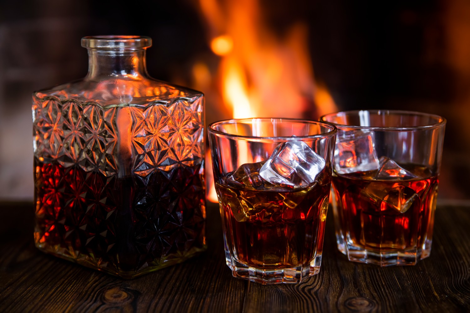Whiskey in decanter and glasses