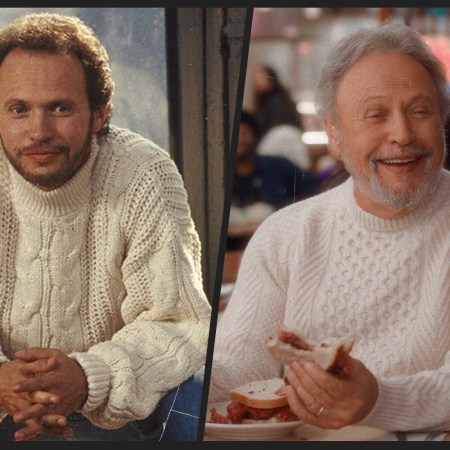 Left: Billy Crystal in his iconic sweater in "When Harry Met Sally" from 1989. Right: Crystal in a 2025 Super Bowl ad for Hellmann's called "When Sally Met Hellmann's"