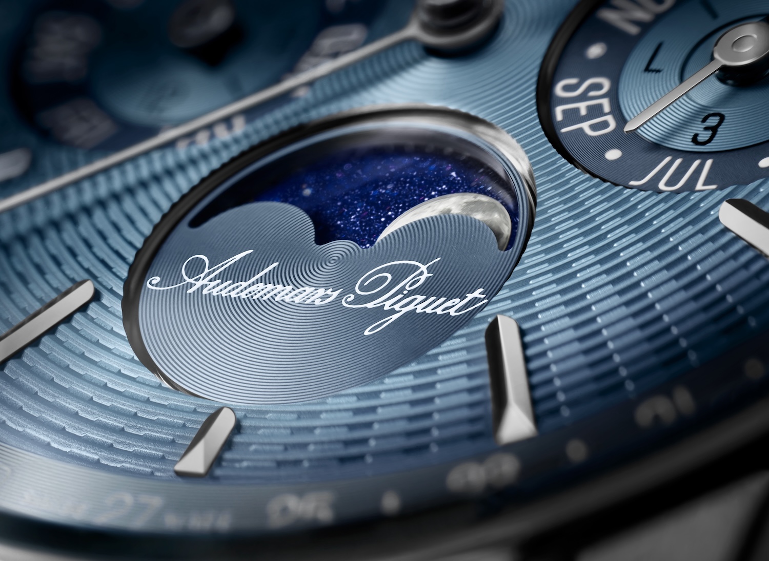 Close-up of a Perpetual Calendar Movement Calibre 7138 with a dial in smoked blue