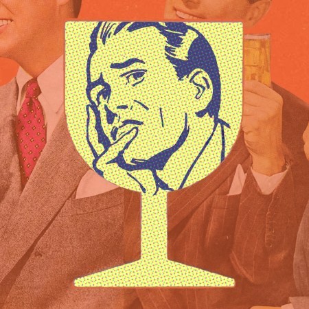An illustration of a man's worried face in a wine glass at a party where others are drinking