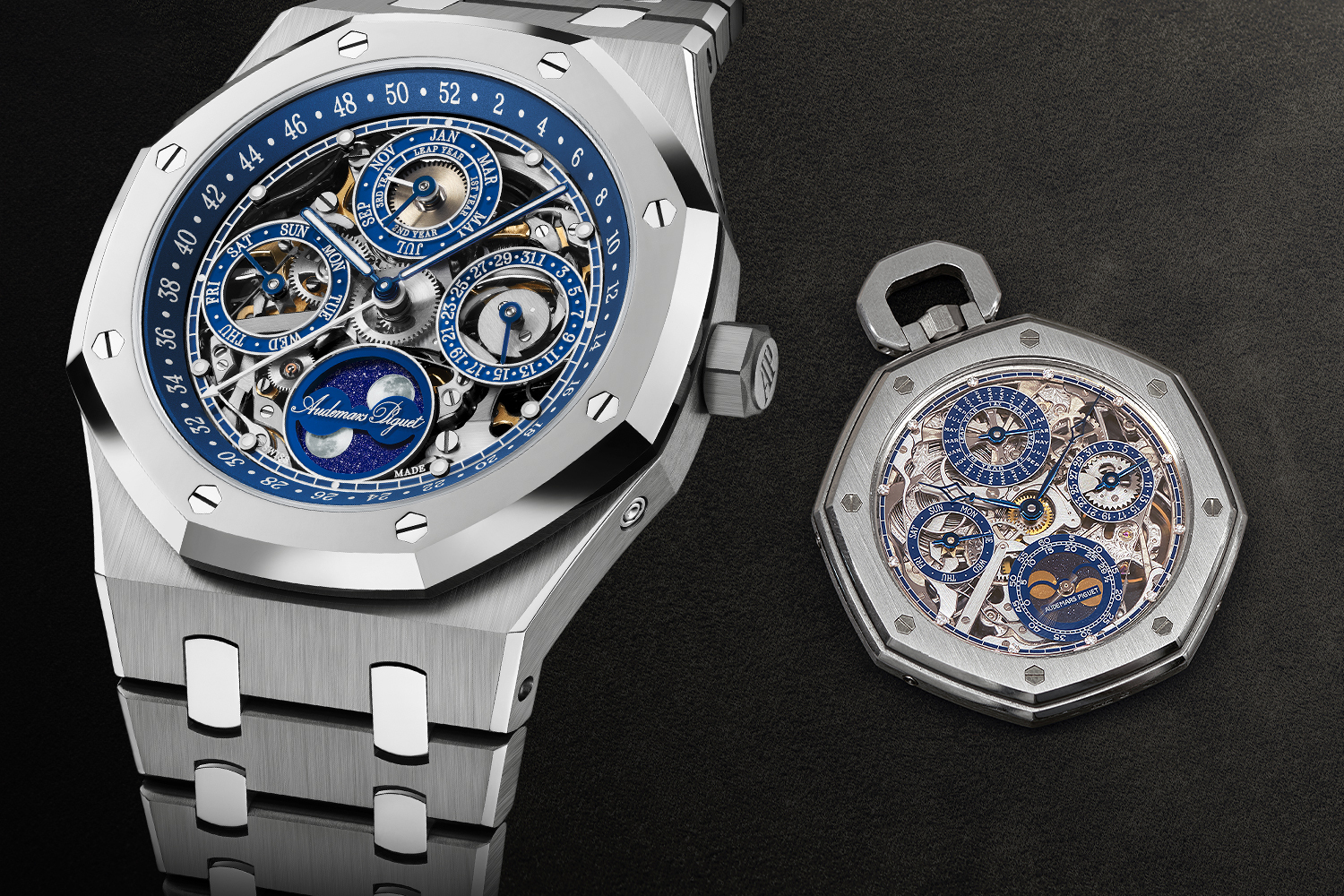 Royal Oak Perpetual Calendar “150th Anniversary” Openworked next to the openworked perpetual calendar pocket watch ref. 25729 