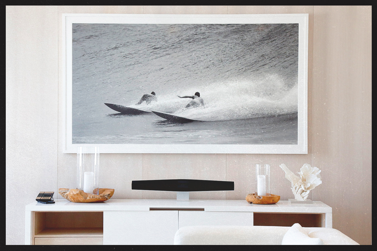 A modern suite at W South Beach featuring a striking black-and-white surf print, blending Miami’s luxury and beach culture.