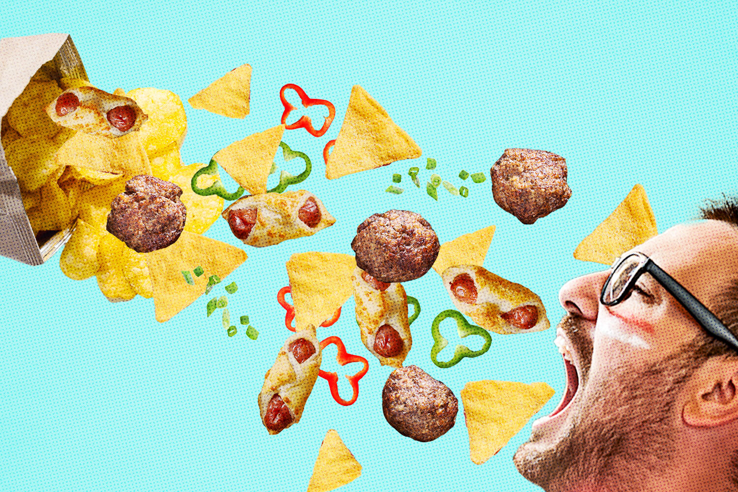 snack foods like chips and pigs in a blanket flying out of a paper bag and into a man's mouth