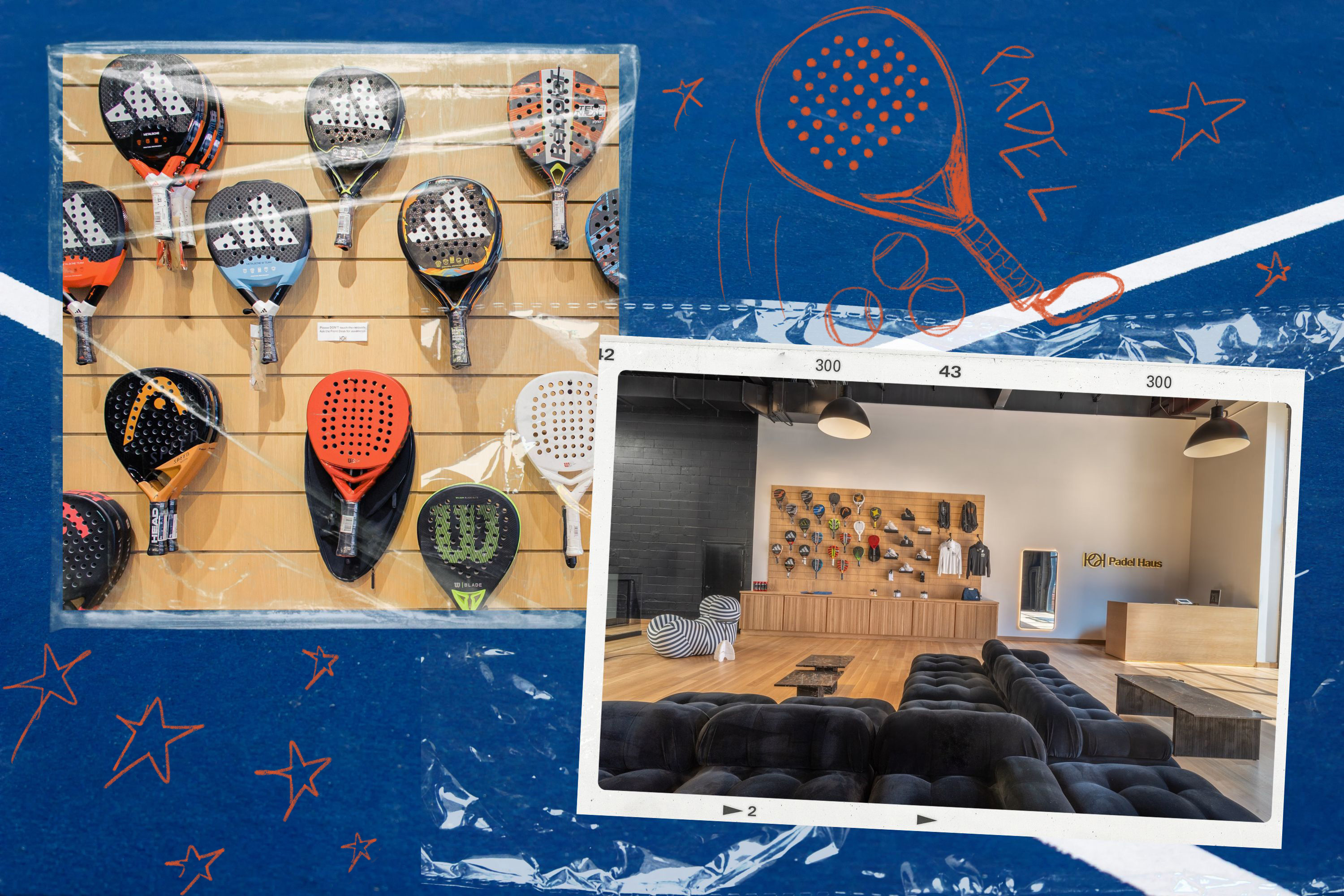 Photos of the pro shop and lounge area at Padel Haus.