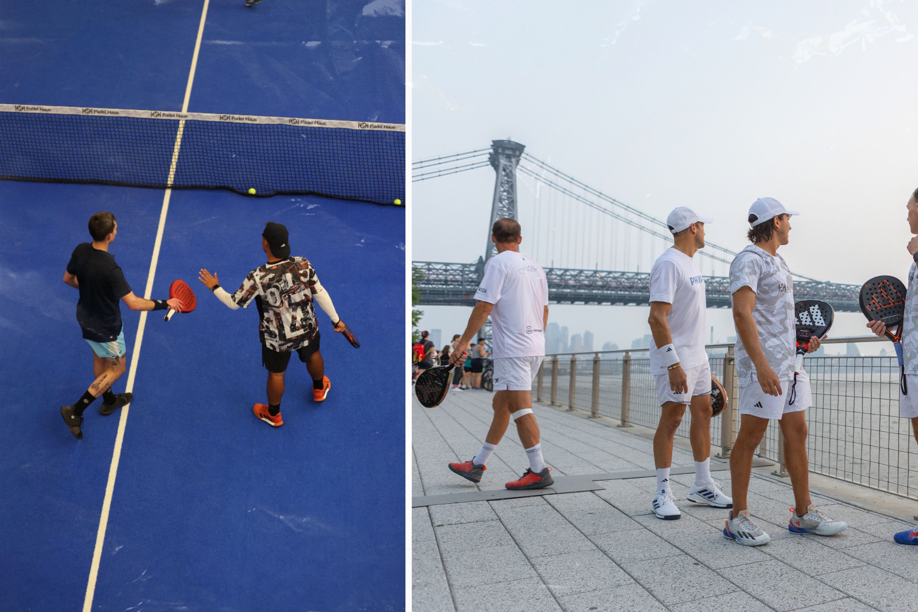 Split images showing padel competitors talking and high-fiving.