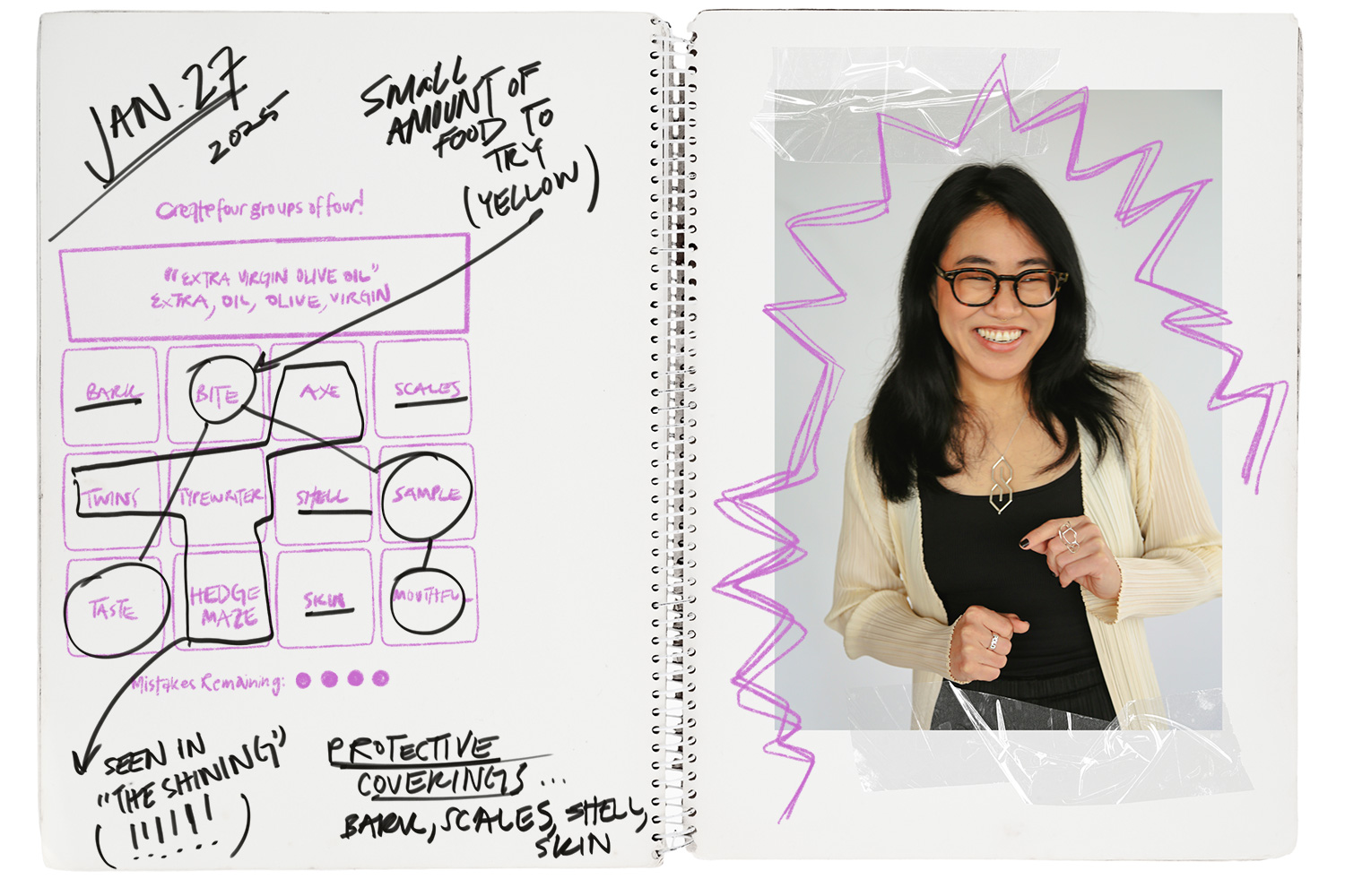Connections editor Wyna Liu next to a drawing of one of her puzzles