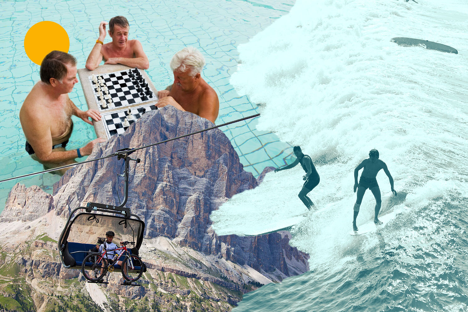 Surreal collage of older men playing chess in a pool, surfers riding waves, and a cyclist on a ski lift — representing different ways to access flow state.