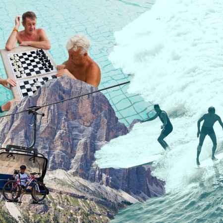 Surreal collage of older men playing chess in a pool, surfers riding waves, and a cyclist on a ski lift — representing different ways to access flow state.