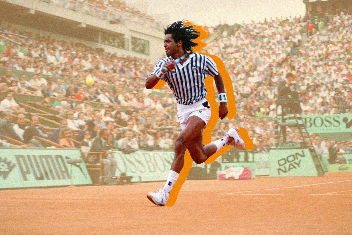 Tennis player in mid-sprint during a match, fully focused, with motion graphics emphasizing intensity and flow.