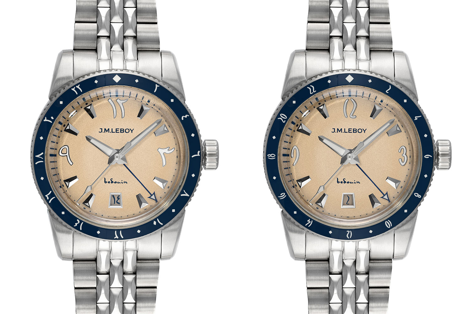 The two Bedouin GMT watches available from J.M. LeBoy
