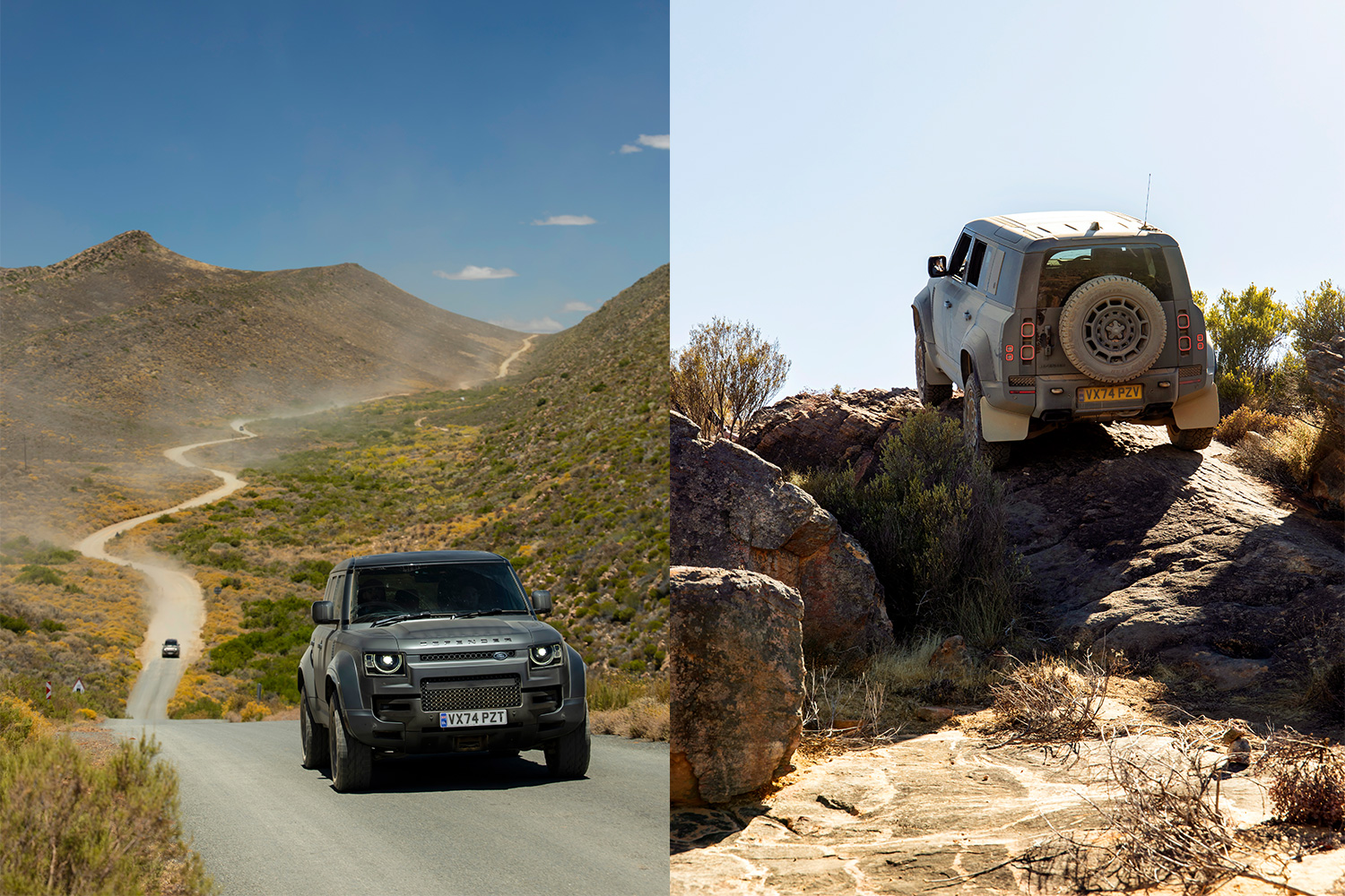 Photos of the Land Rover Defender OCTA driving on roads in South Africa and crawling over rocky crags