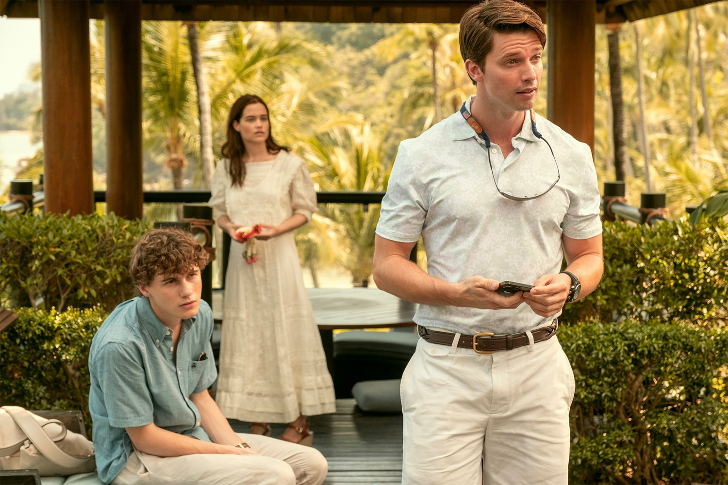 Patrick Schwarzenegger, Sam Nivola and Sarah Catherine Hook as the Ratliff siblings in "The White Lotus" season three