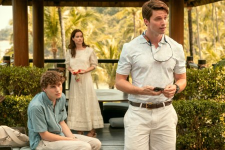 Patrick Schwarzenegger, Sam Nivola and Sarah Catherine Hook as the Ratliff siblings in "The White Lotus" season three