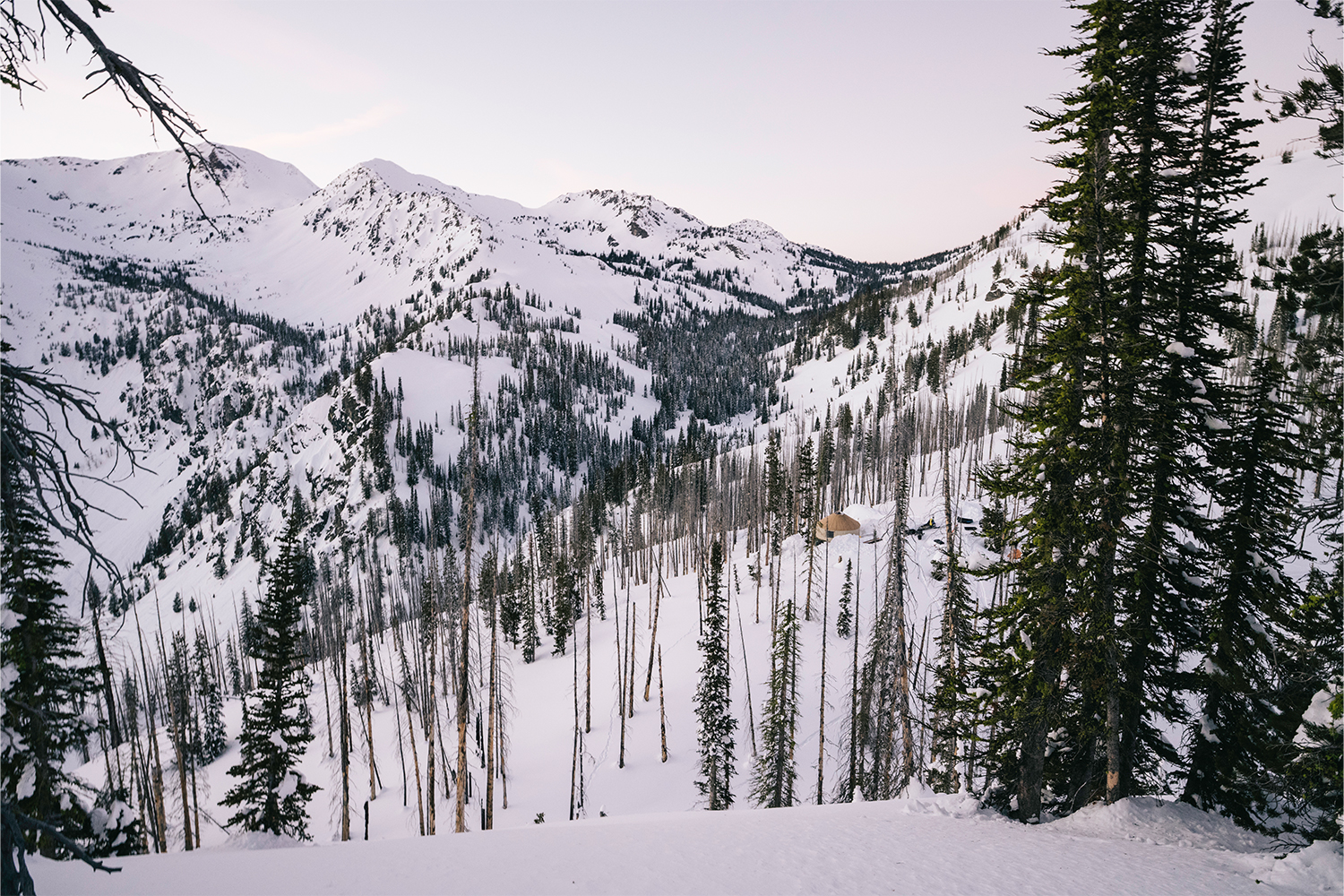 A snowy mountaintop with a small yurt poking through the trees.