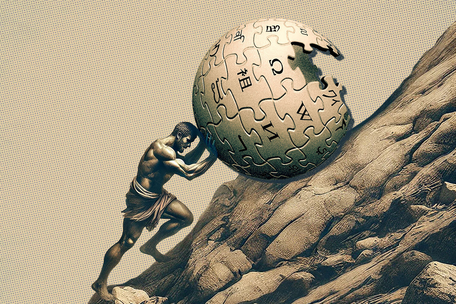 An illustration of Sisyphus pushing the Wikipedia logo up a hill