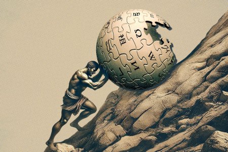 An illustration of Sisyphus pushing the Wikipedia logo up a hill