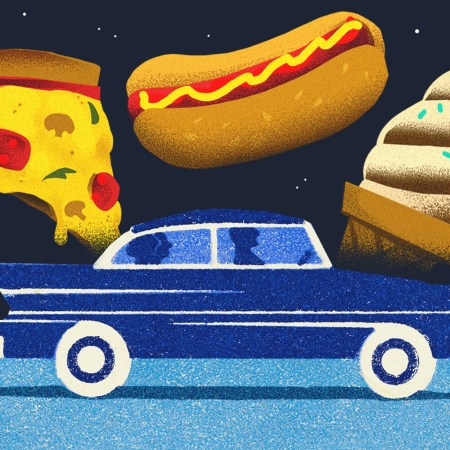an illustration of a classic blue car with pizza, a hot dog and ice cream above it