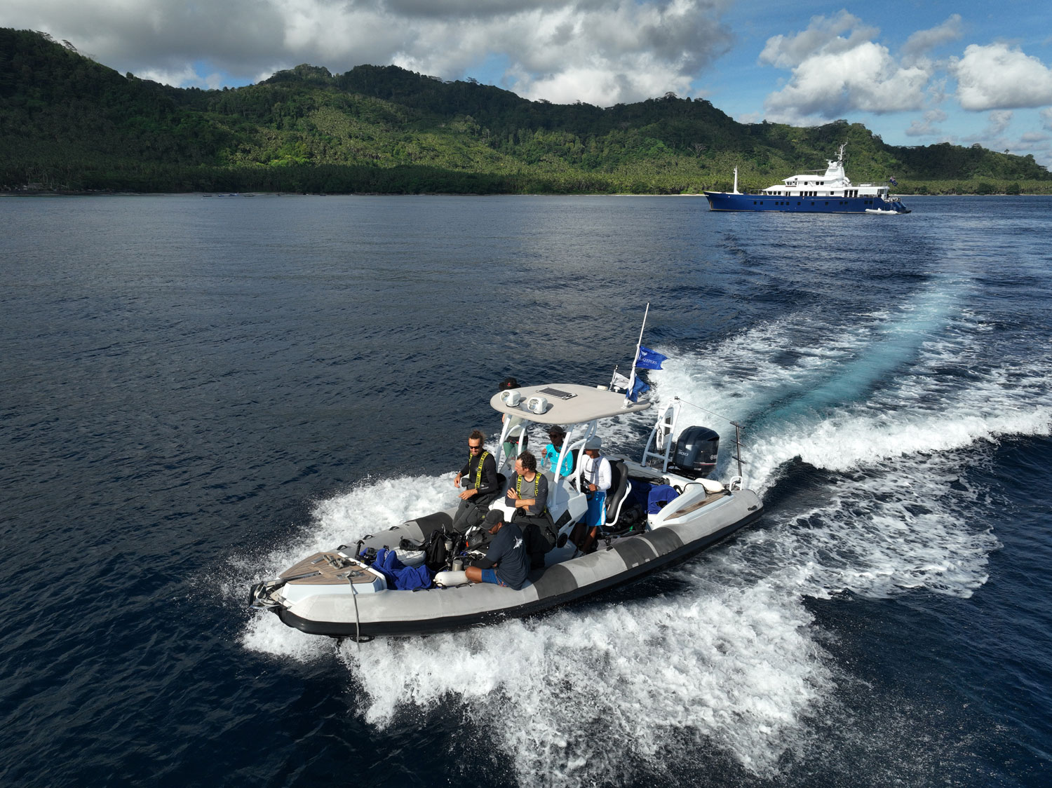 A yacht tender with scientists who are heading out to conduct marine research as part of the International SeaKeepers Society's efforts
