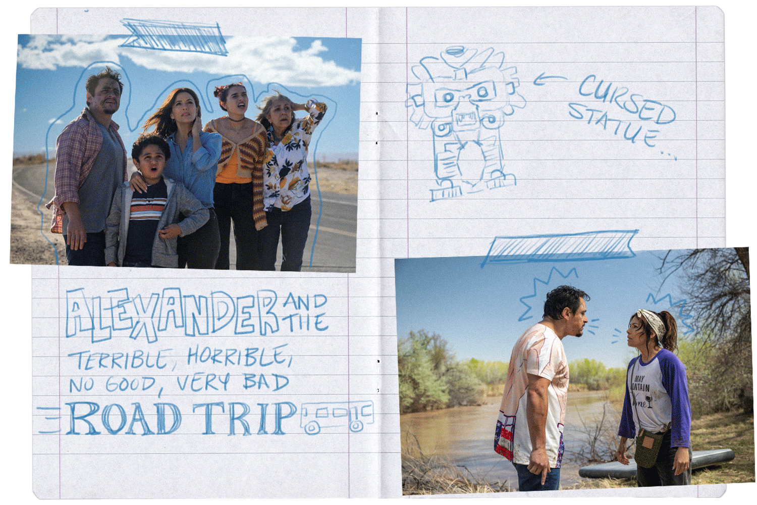 Jesse Garcia and Eva Longoria in the Disney+ movie "Alexander and the Terrible, Horrible, No Good, Very Bad Road Trip"
