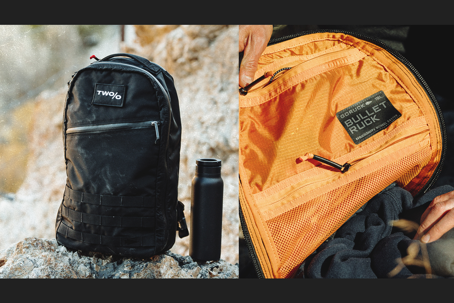 Two images of Michael Easter's 2% Collection backpack with GoRuck. The black exterior and the orange interior.