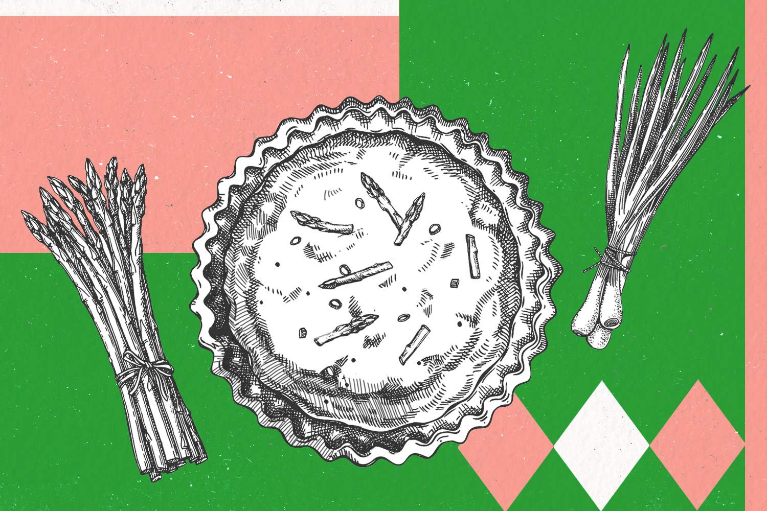 a black and white illustration of an asparagus and scallion quiche on a pink and green background