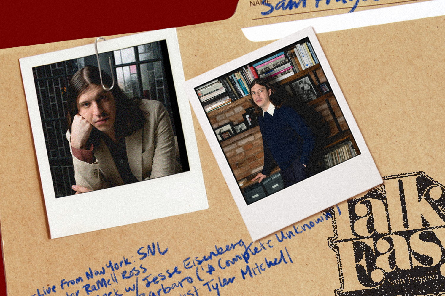 Polaroids of Sam Fragoso, host of the podcast "Talk Easy"