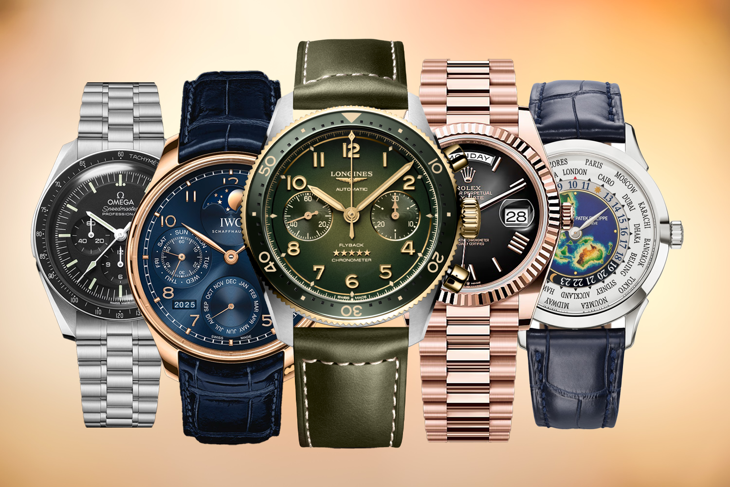 Omega Speedmaster; IWC Perpetual Calendar; Longines Spirit Flyback Chronograph; Rolex Day Date; Patek Philippe World Timer