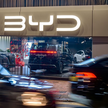 A BYD showroom filled with cars in Hong Kong. The automaker hit another EV milestone: charging as fast as filling up a gas car.