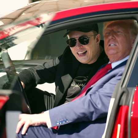 Tesla CEO Elon Musk and President Donald Trump sit inside a Tesla Model S at the White House on Tuesday, March 11