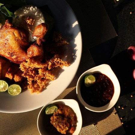 A balanced flexitarian meal featuring grilled chicken, steamed rice, fresh vegetables, and dipping sauces, captured in warm sunlight.